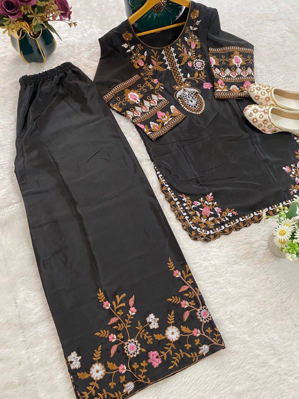 Elegant Black Silk Kurta and Flared Palazzo Set with Antique Gold Floral Embroidery