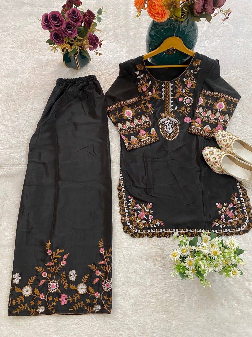 Elegant Black Silk Kurta and Flared Palazzo Set with Antique Gold Floral Embroidery