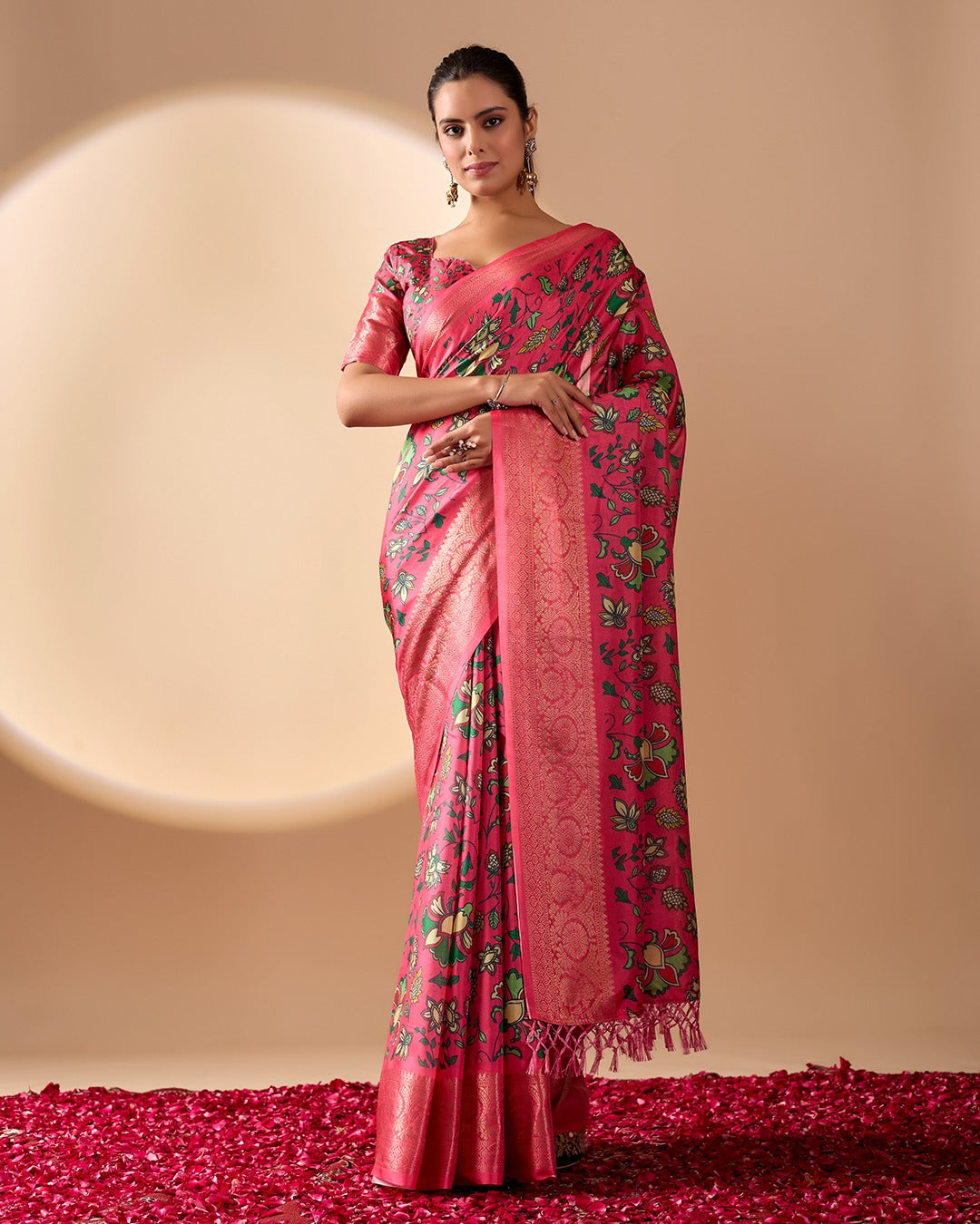 Premium Magenta Silk-Satin Festive Saree Featuring Intricate Botanical Vine Print and Woven Zari Pallu