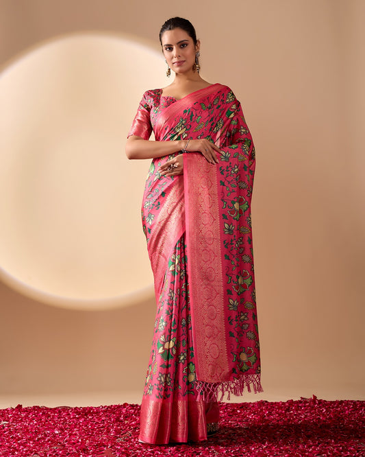 Premium Magenta Silk-Satin Festive Saree Featuring Intricate Botanical Vine Print and Woven Zari Pallu