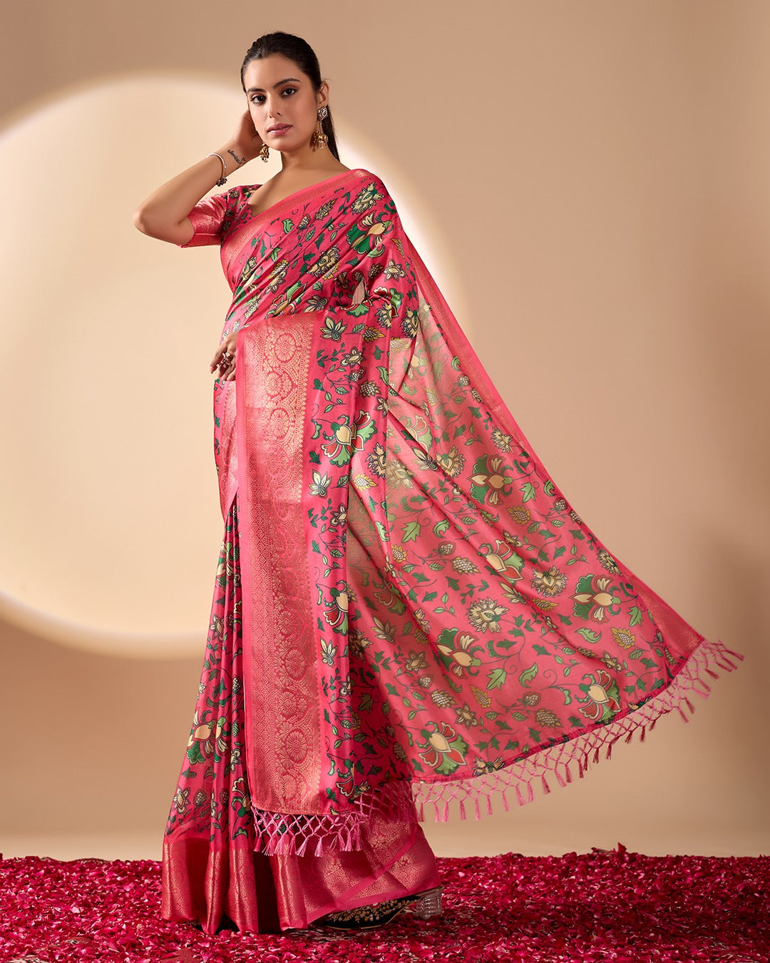 Premium Magenta Silk-Satin Festive Saree Featuring Intricate Botanical Vine Print and Woven Zari Pallu