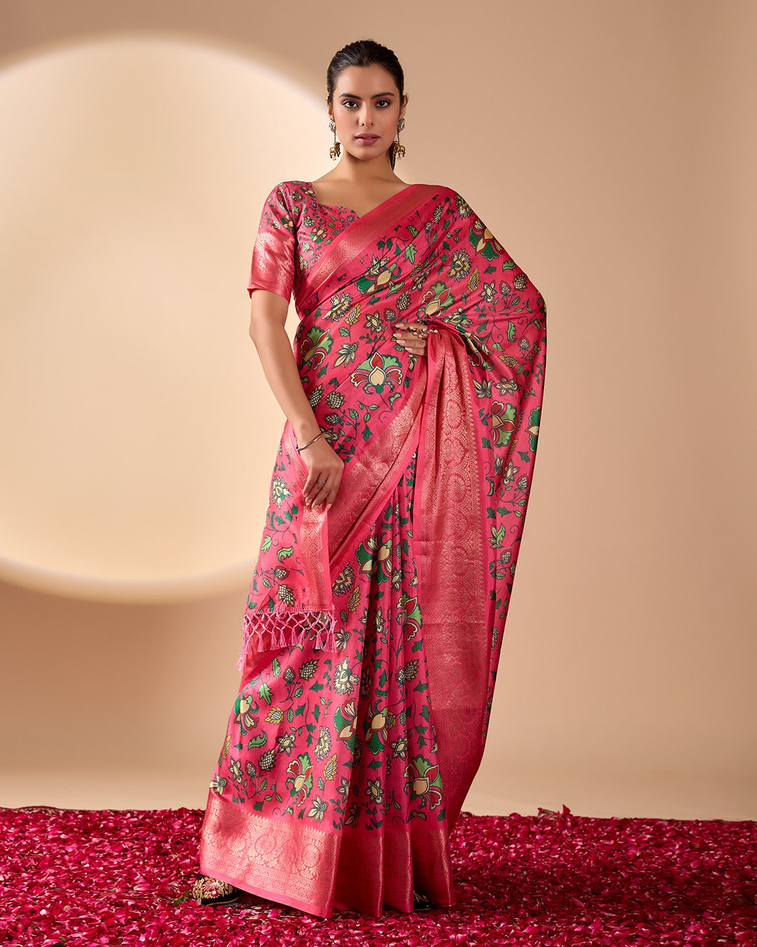 Premium Magenta Silk-Satin Festive Saree Featuring Intricate Botanical Vine Print and Woven Zari Pallu