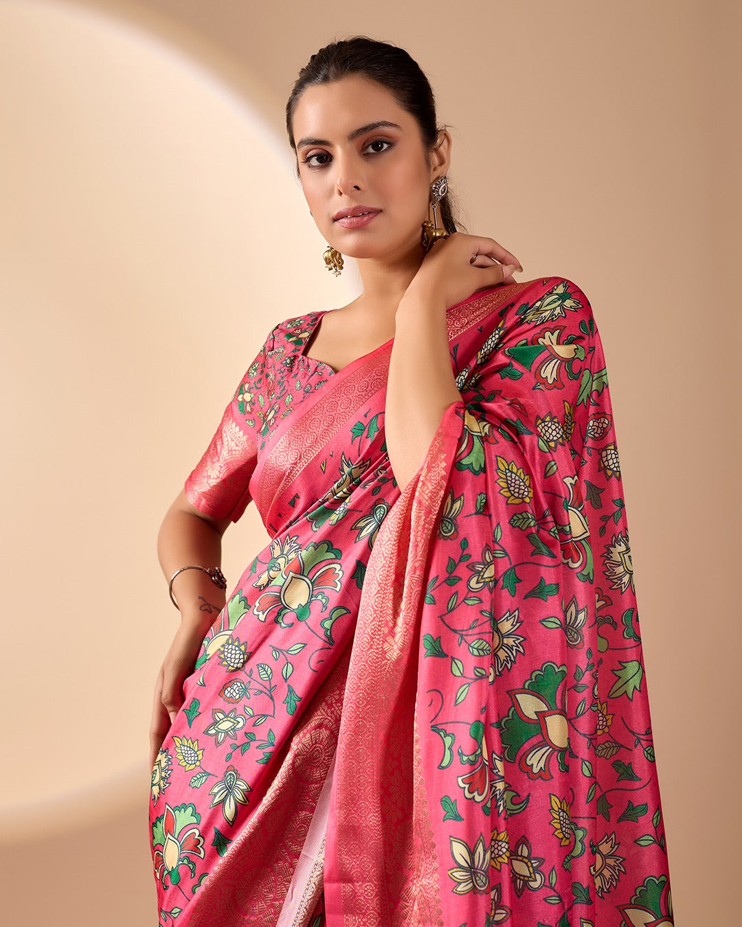 Premium Magenta Silk-Satin Festive Saree Featuring Intricate Botanical Vine Print and Woven Zari Pallu