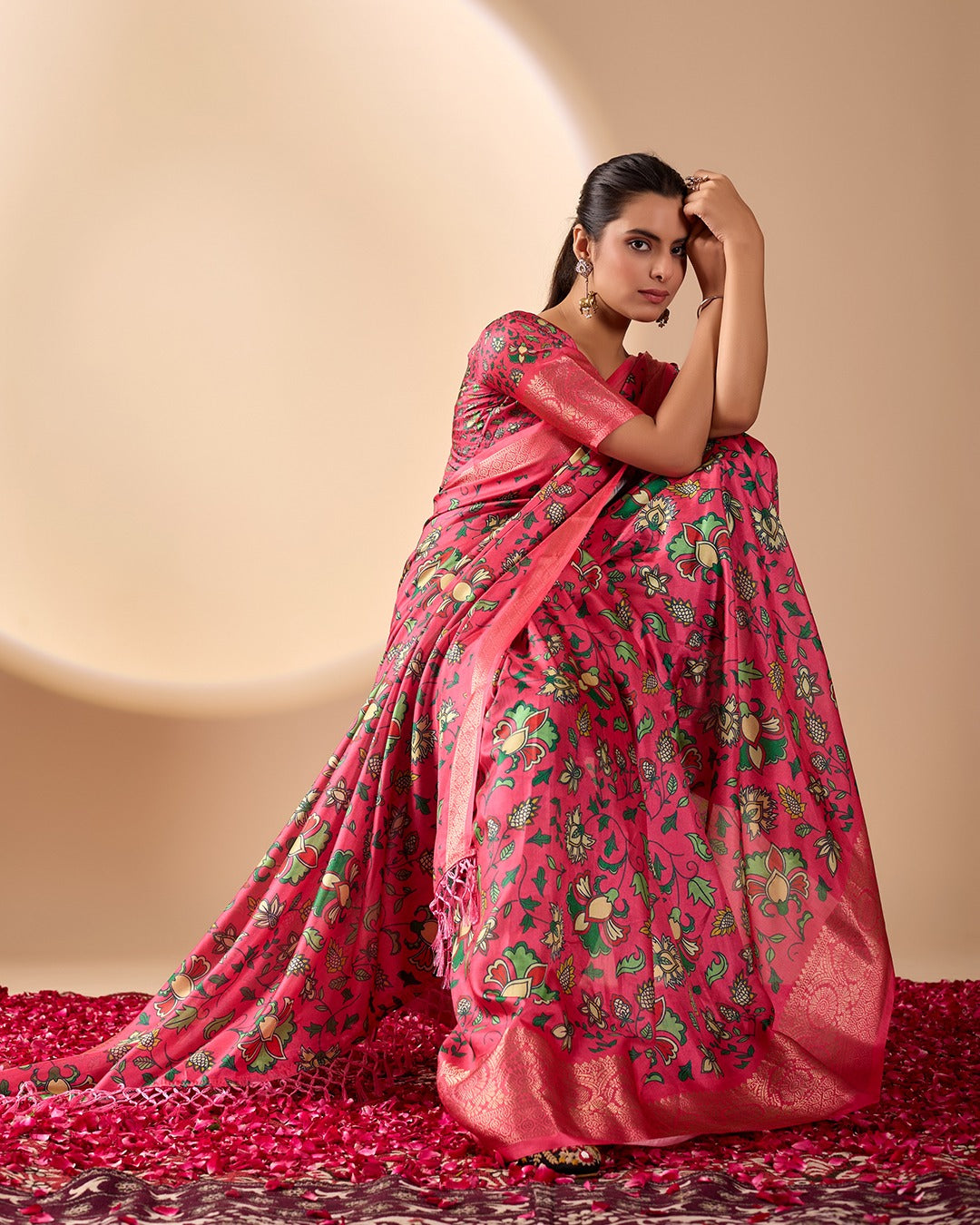 Premium Magenta Silk-Satin Festive Saree Featuring Intricate Botanical Vine Print and Woven Zari Pallu