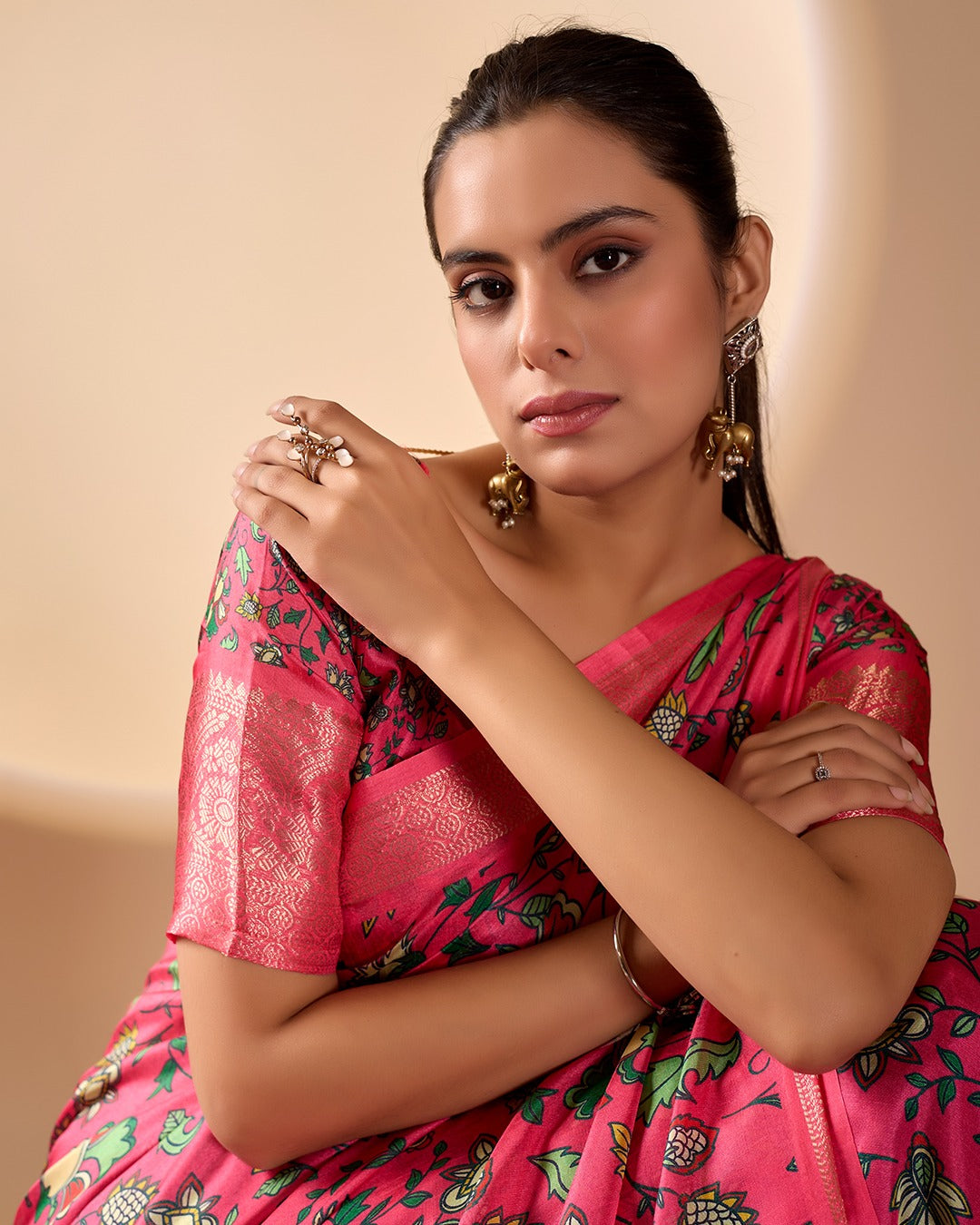 Premium Magenta Silk-Satin Festive Saree Featuring Intricate Botanical Vine Print and Woven Zari Pallu