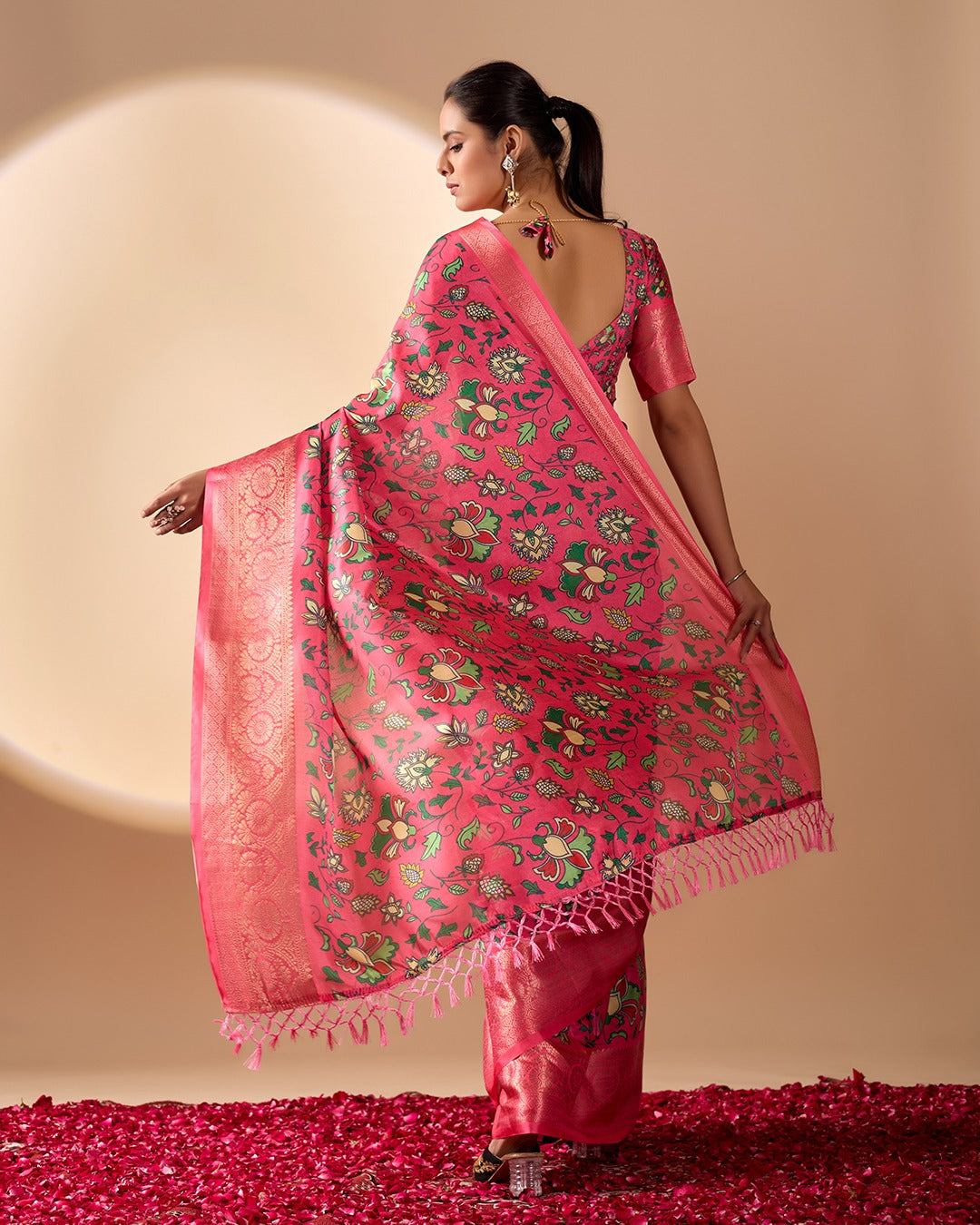 Premium Magenta Silk-Satin Festive Saree Featuring Intricate Botanical Vine Print and Woven Zari Pallu