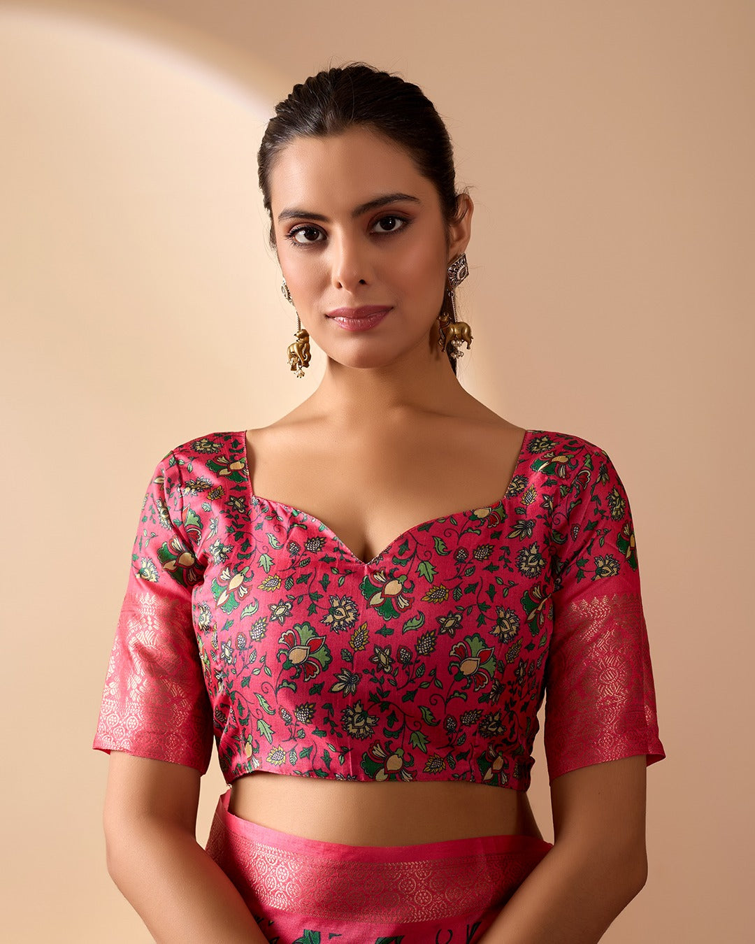 Premium Magenta Silk-Satin Festive Saree Featuring Intricate Botanical Vine Print and Woven Zari Pallu