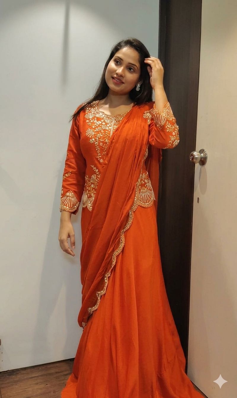 DESIGNER WEAR LAHENGA SAREE WITH LONG BLOUSE IN REAL MIRROR AND EMBROIDERY WORK🧡