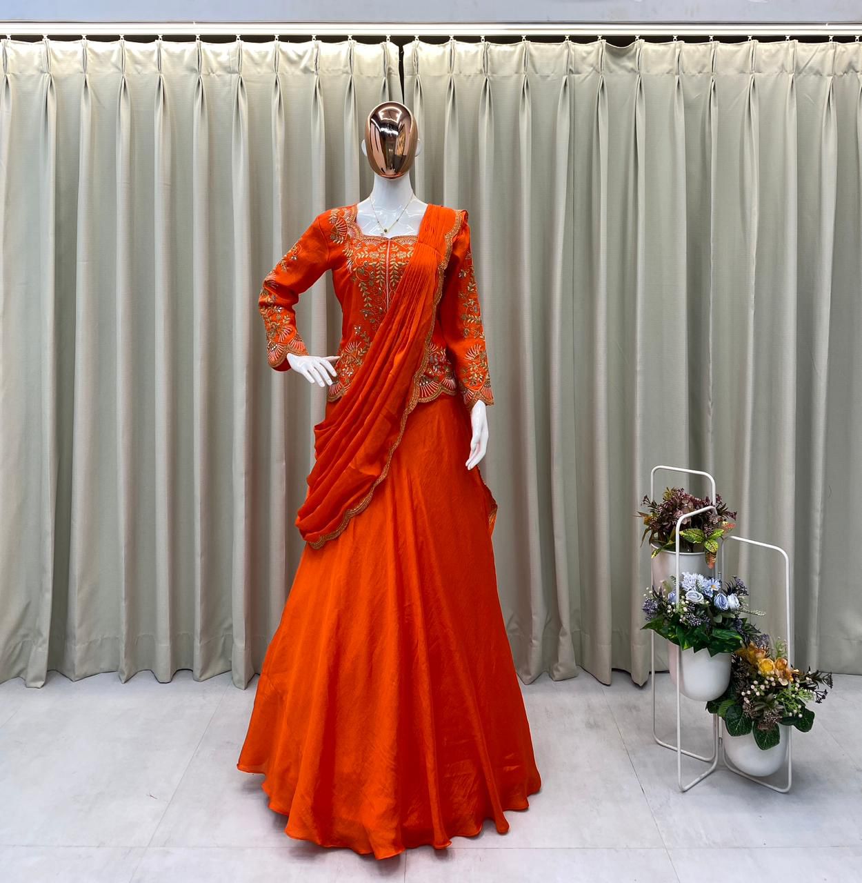 DESIGNER WEAR LAHENGA SAREE WITH LONG BLOUSE IN REAL MIRROR AND EMBROIDERY WORK🧡