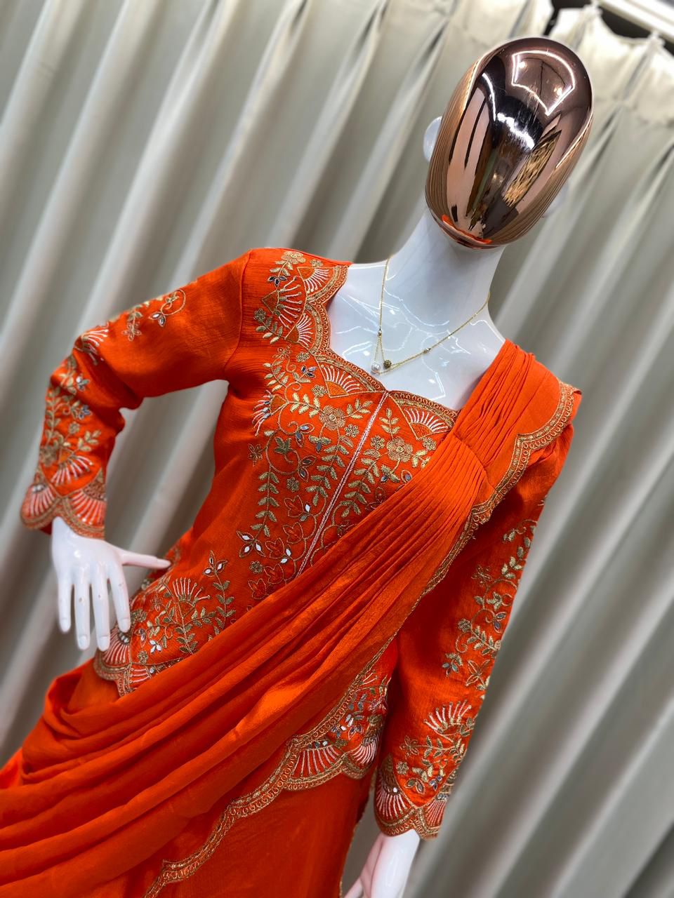 DESIGNER WEAR LAHENGA SAREE WITH LONG BLOUSE IN REAL MIRROR AND EMBROIDERY WORK🧡