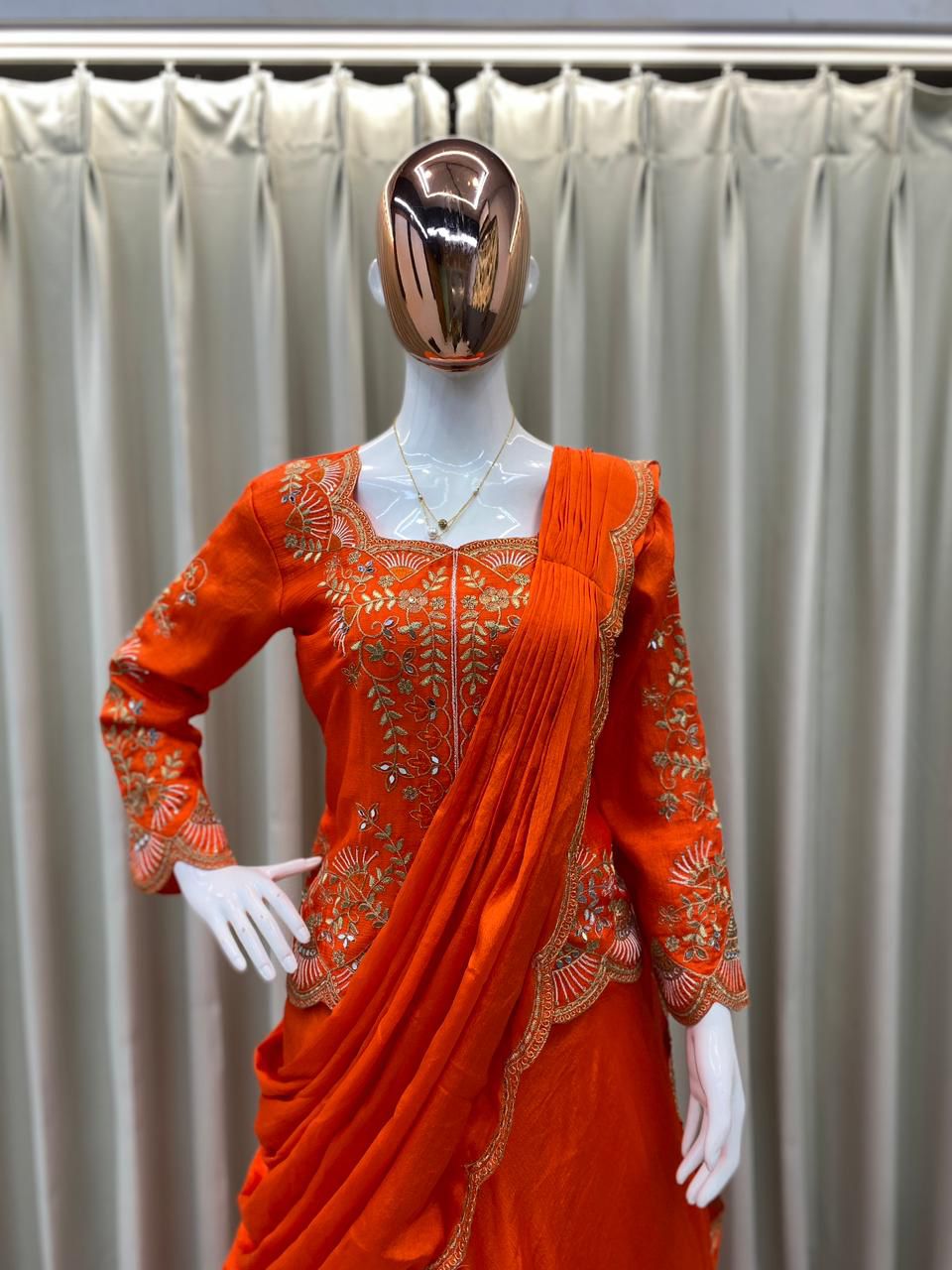 DESIGNER WEAR LAHENGA SAREE WITH LONG BLOUSE IN REAL MIRROR AND EMBROIDERY WORK🧡