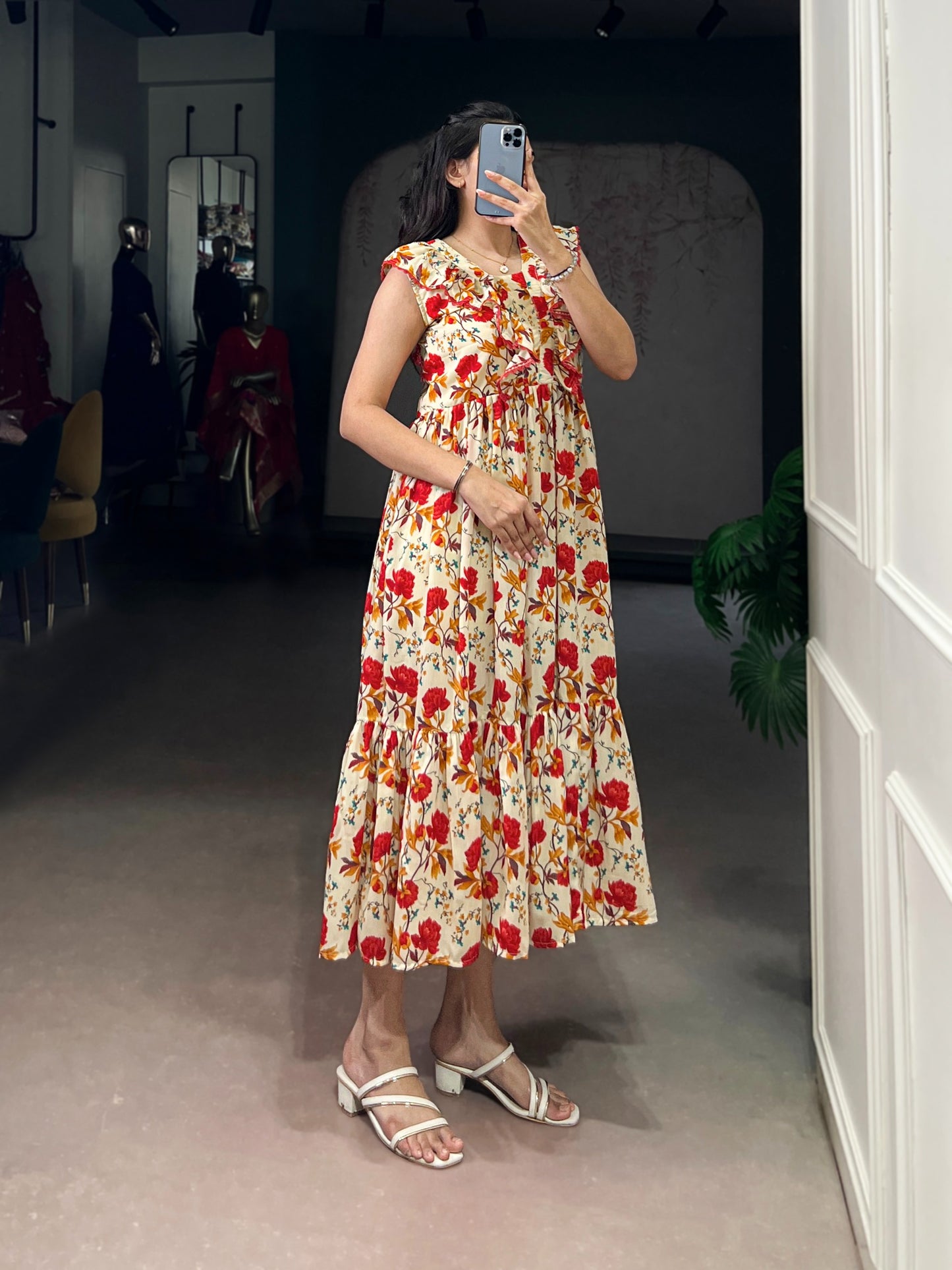 Let the floral prints and silk texture create a story of elegance and charm 🌸