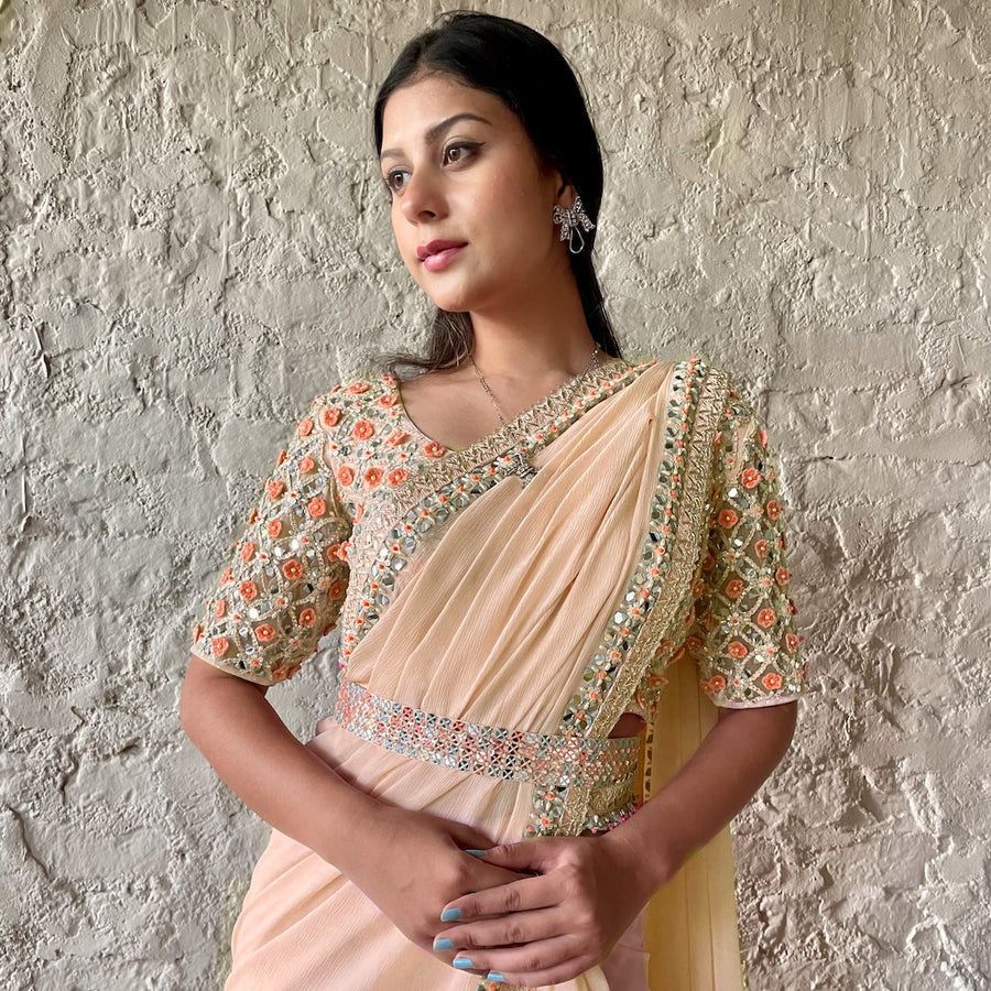 Peach and Gold Georgette Saree with Mirror-Work Embellishments and Matching Fabric Belt