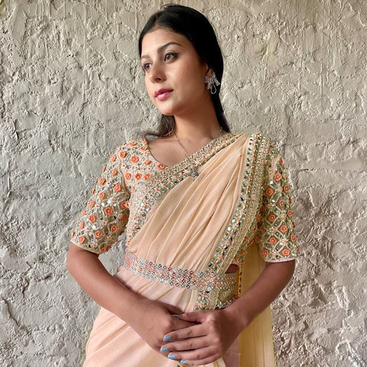 Peach and Gold Georgette Saree with Mirror-Work Embellishments and Matching Fabric Belt