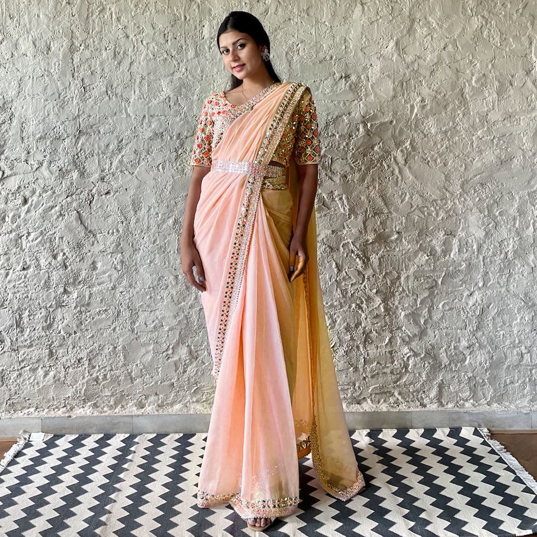 Peach and Gold Georgette Saree with Mirror-Work Embellishments and Matching Fabric Belt