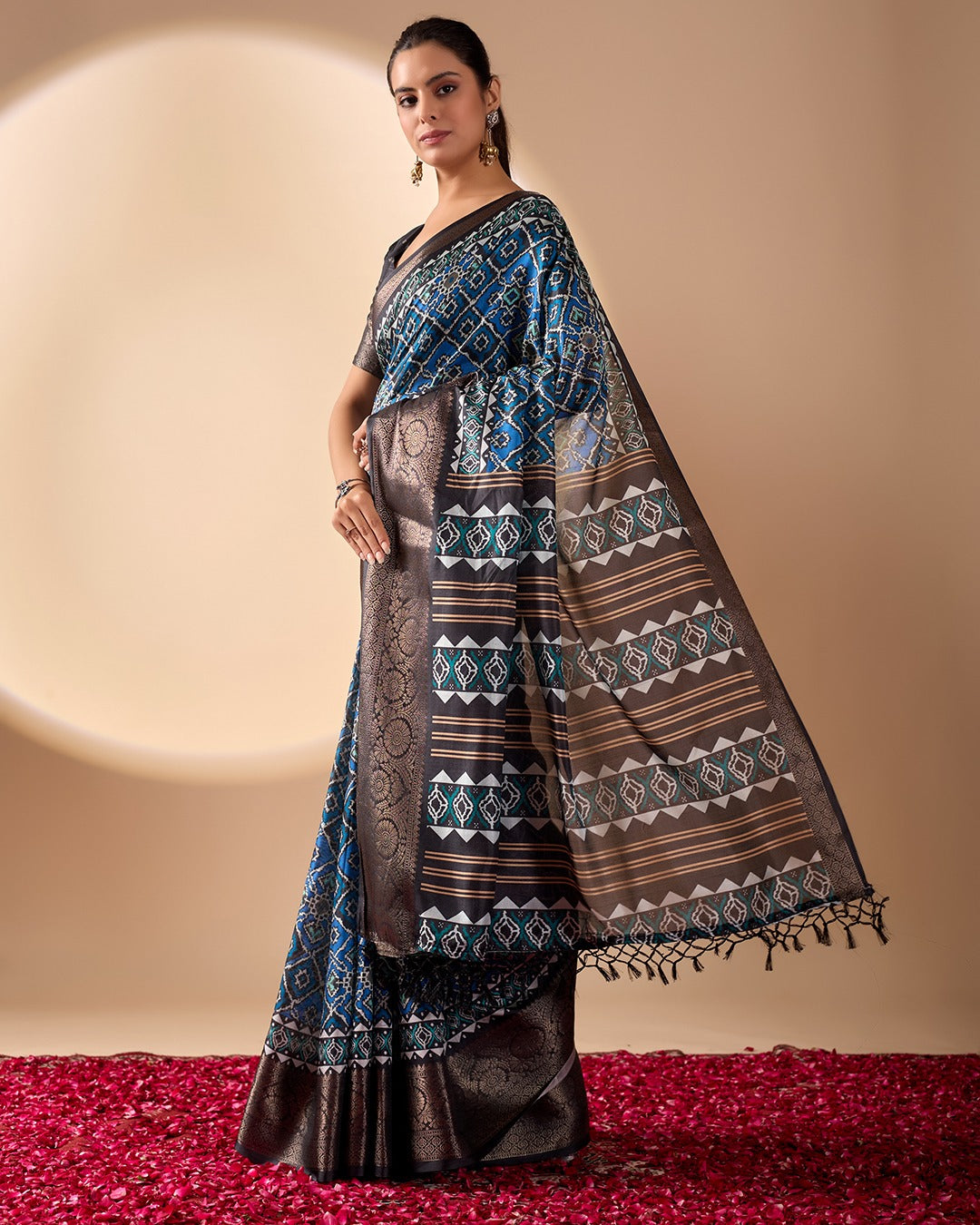 Premium Heritage Patola-Inspired Blue Festive Saree with Detailed Geometric Ikkat Patterns and Fringe Tassels