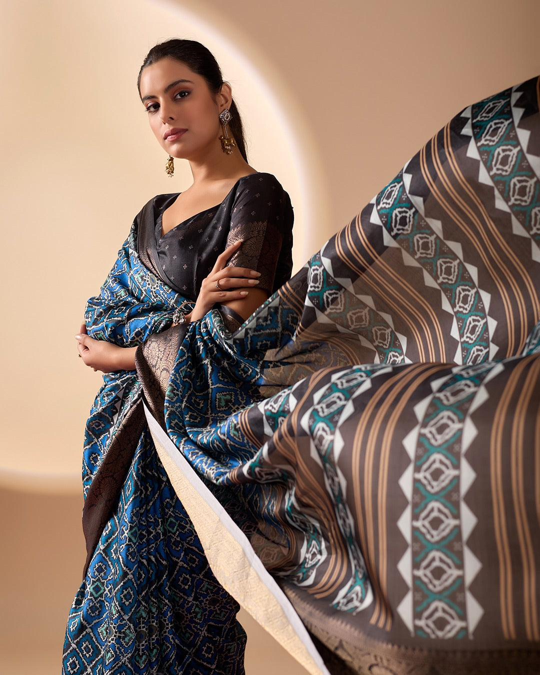 Premium Heritage Patola-Inspired Blue Festive Saree with Detailed Geometric Ikkat Patterns and Fringe Tassels