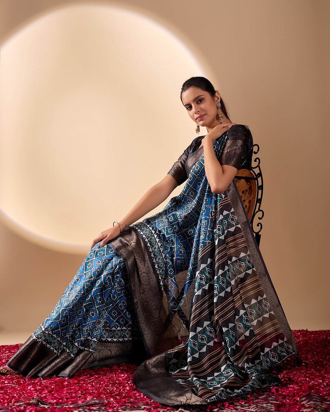 Premium Heritage Patola-Inspired Blue Festive Saree with Detailed Geometric Ikkat Patterns and Fringe Tassels