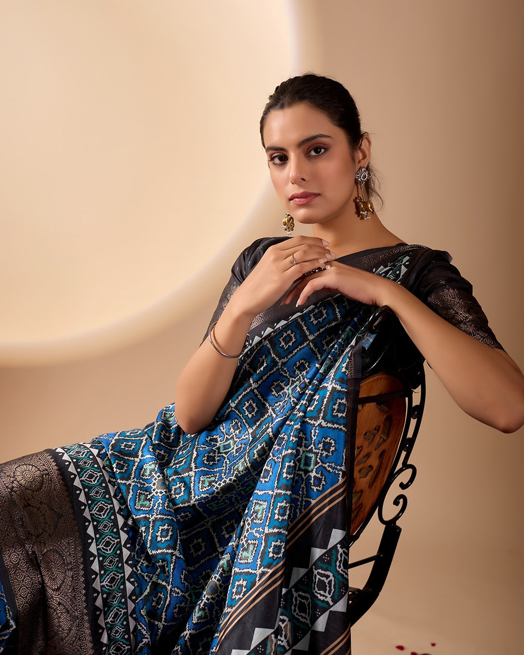 Premium Heritage Patola-Inspired Blue Festive Saree with Detailed Geometric Ikkat Patterns and Fringe Tassels