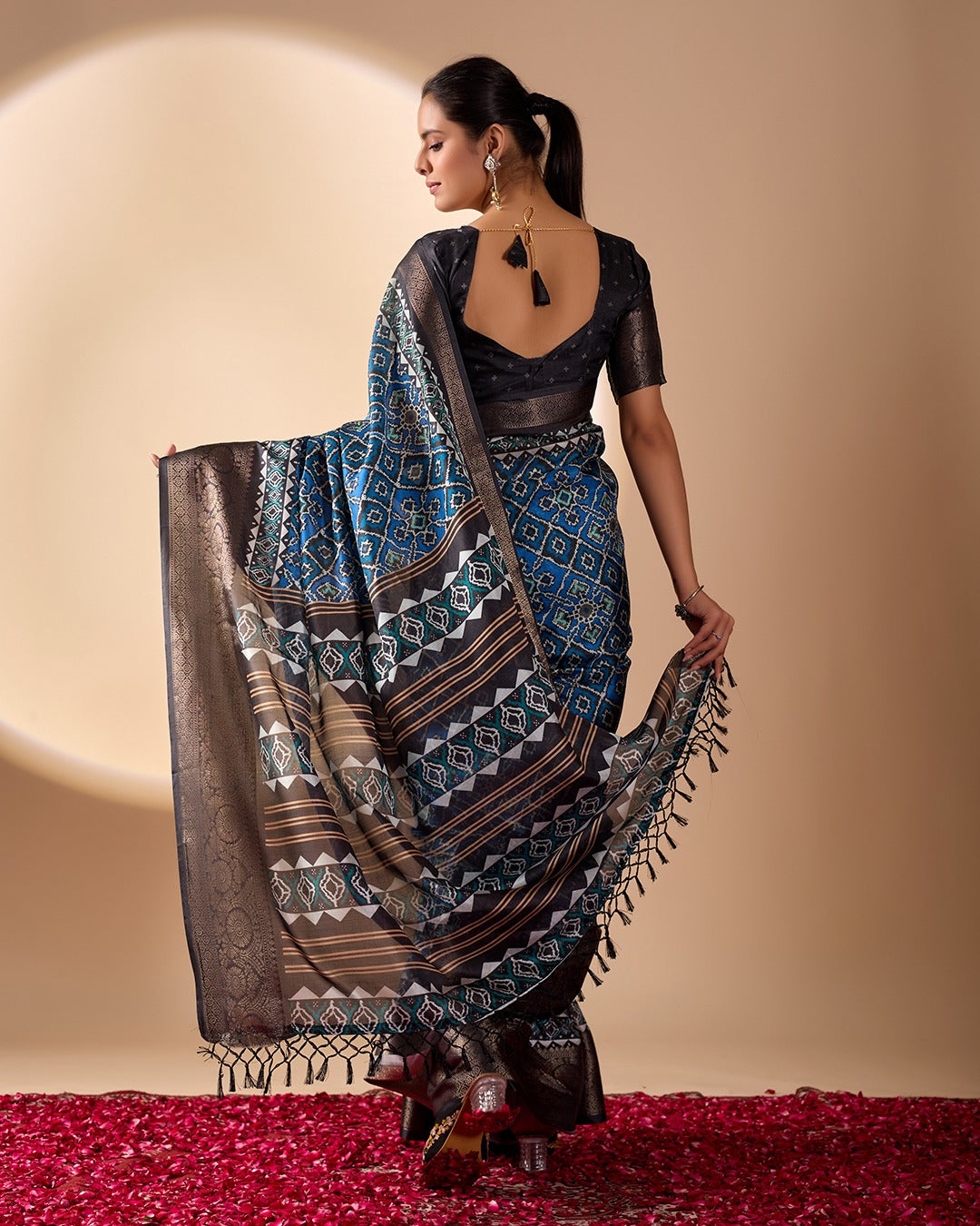 Premium Heritage Patola-Inspired Blue Festive Saree with Detailed Geometric Ikkat Patterns and Fringe Tassels