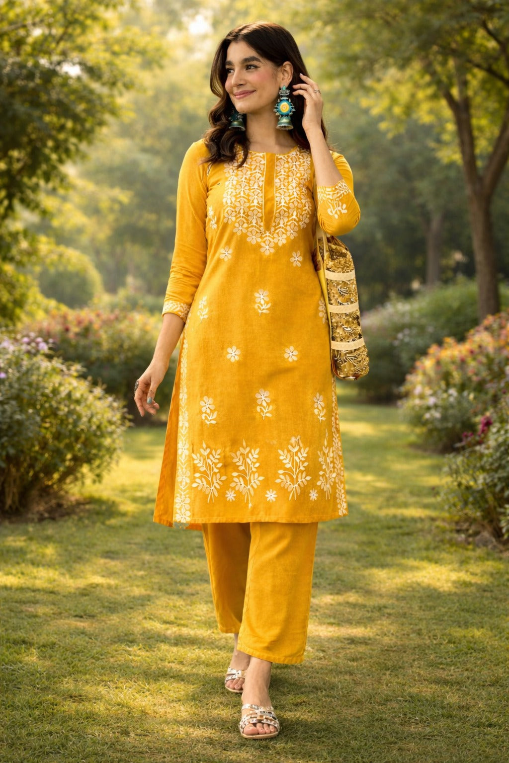 Tesla Cotton Blend Kurti Pant Set with Embroidery Work