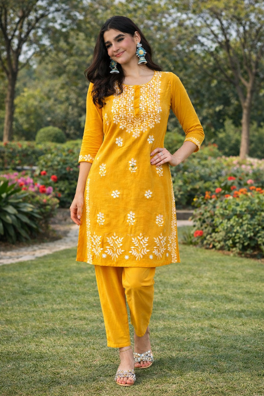Tesla Cotton Blend Kurti Pant Set with Embroidery Work