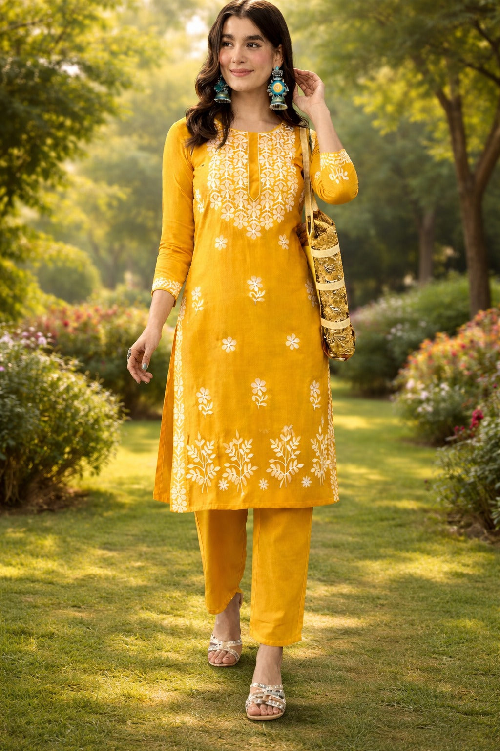 Tesla Cotton Blend Kurti Pant Set with Embroidery Work