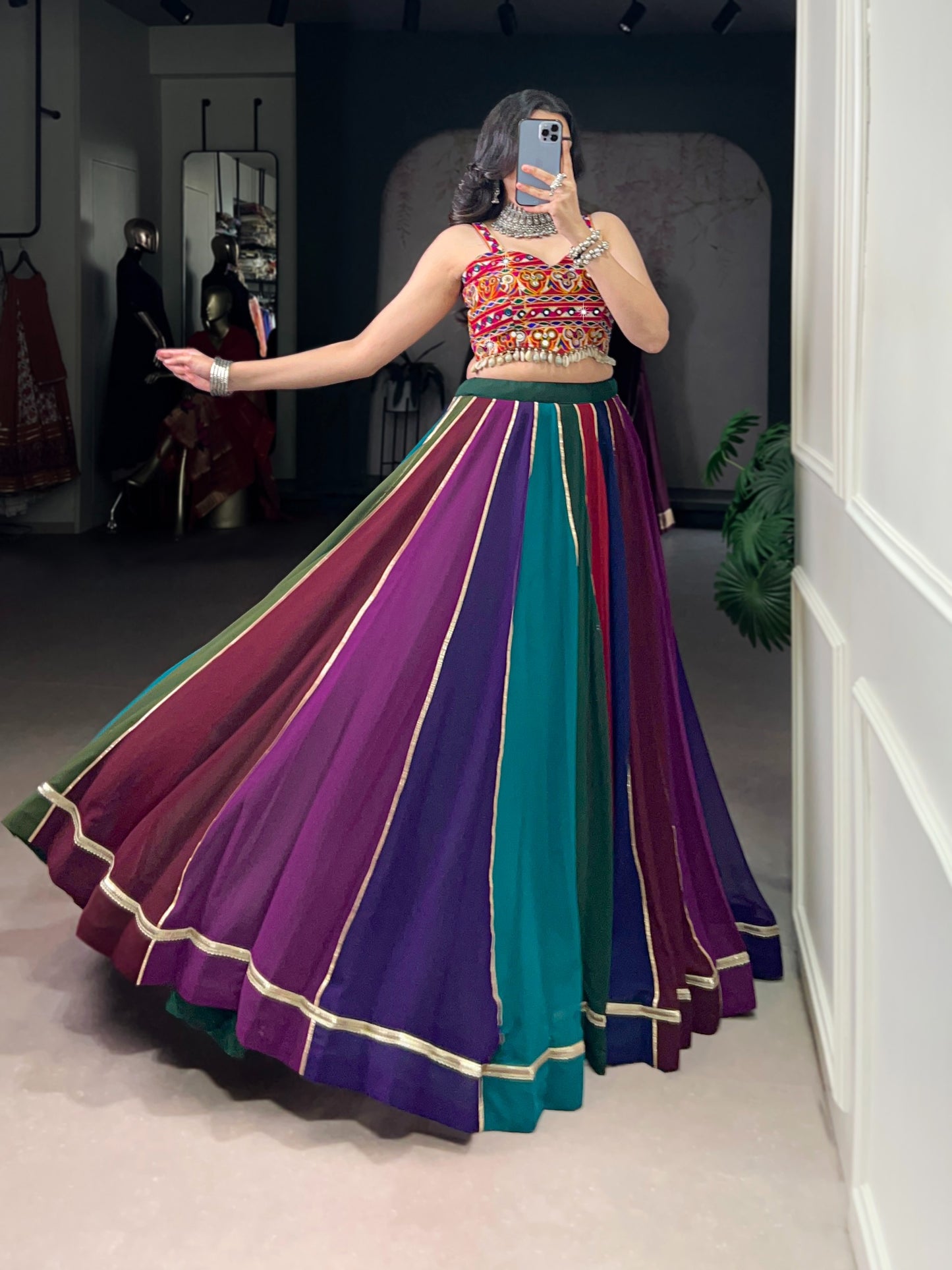 Multi-Color Georgette Lehenga with Gota Patti Border Detailing.