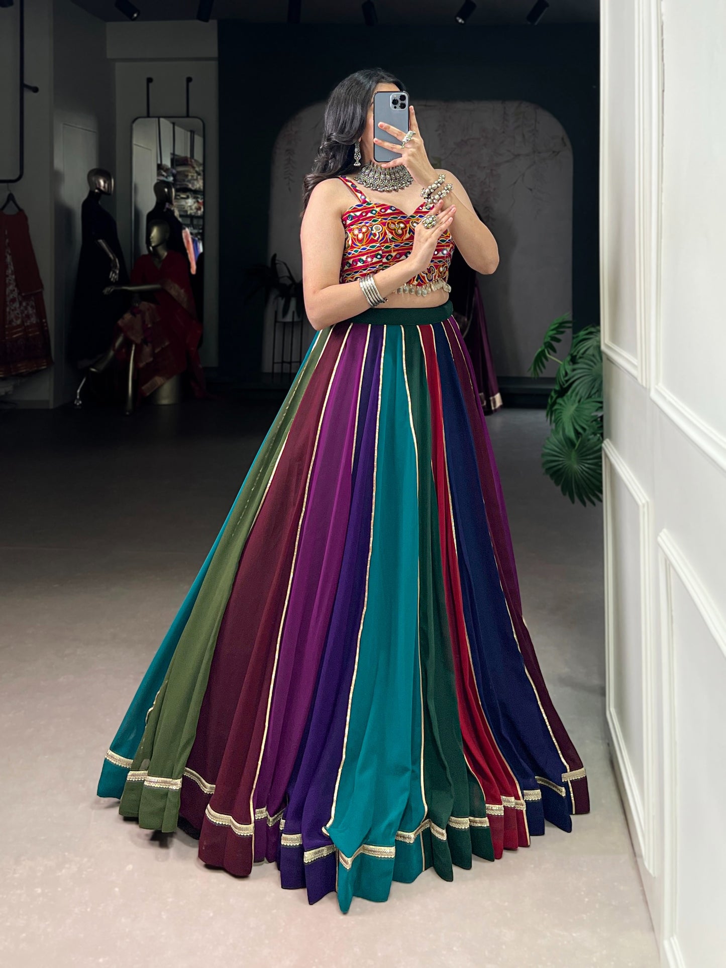 Multi-Color Georgette Lehenga with Gota Patti Border Detailing.