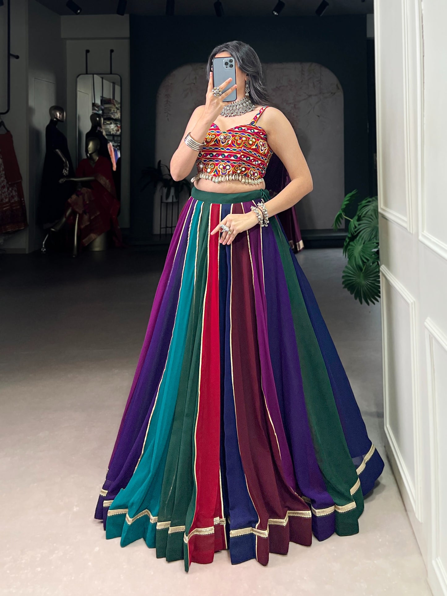 Multi-Color Georgette Lehenga with Gota Patti Border Detailing.