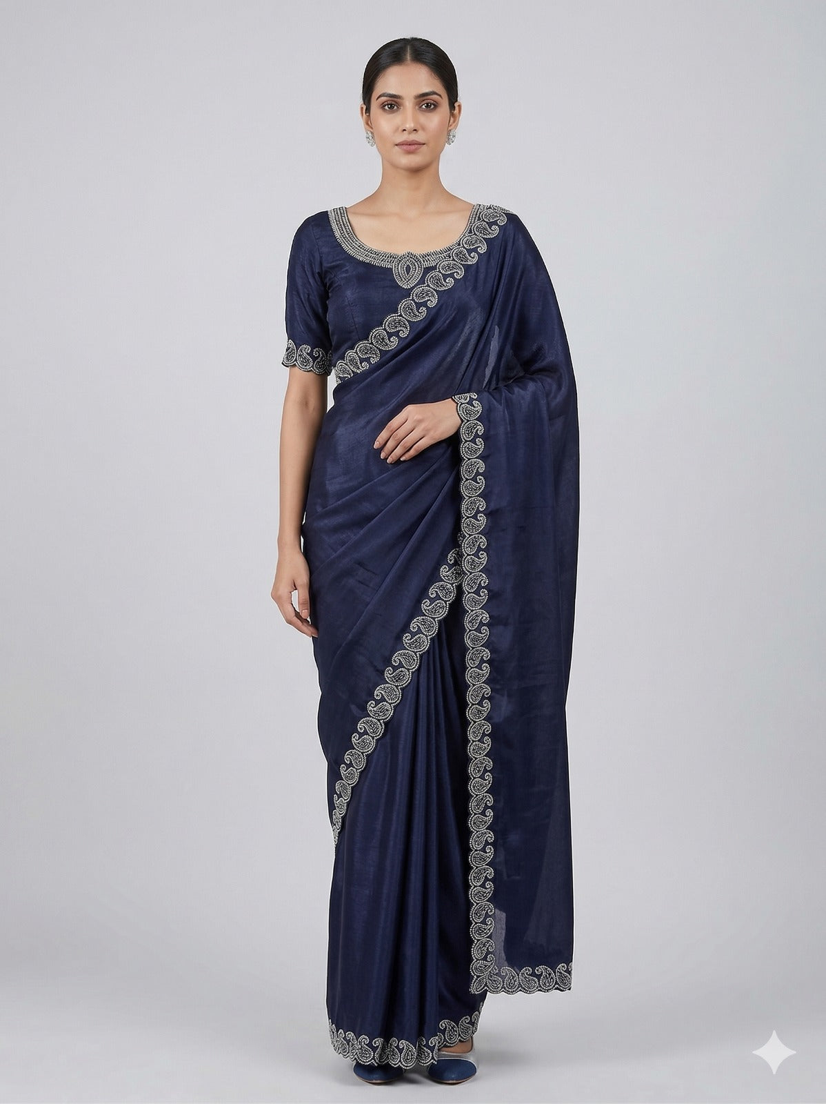 Midnight Blue Organza Silk Saree with Intricate Silver Zardosi Paisley Cutwork Border