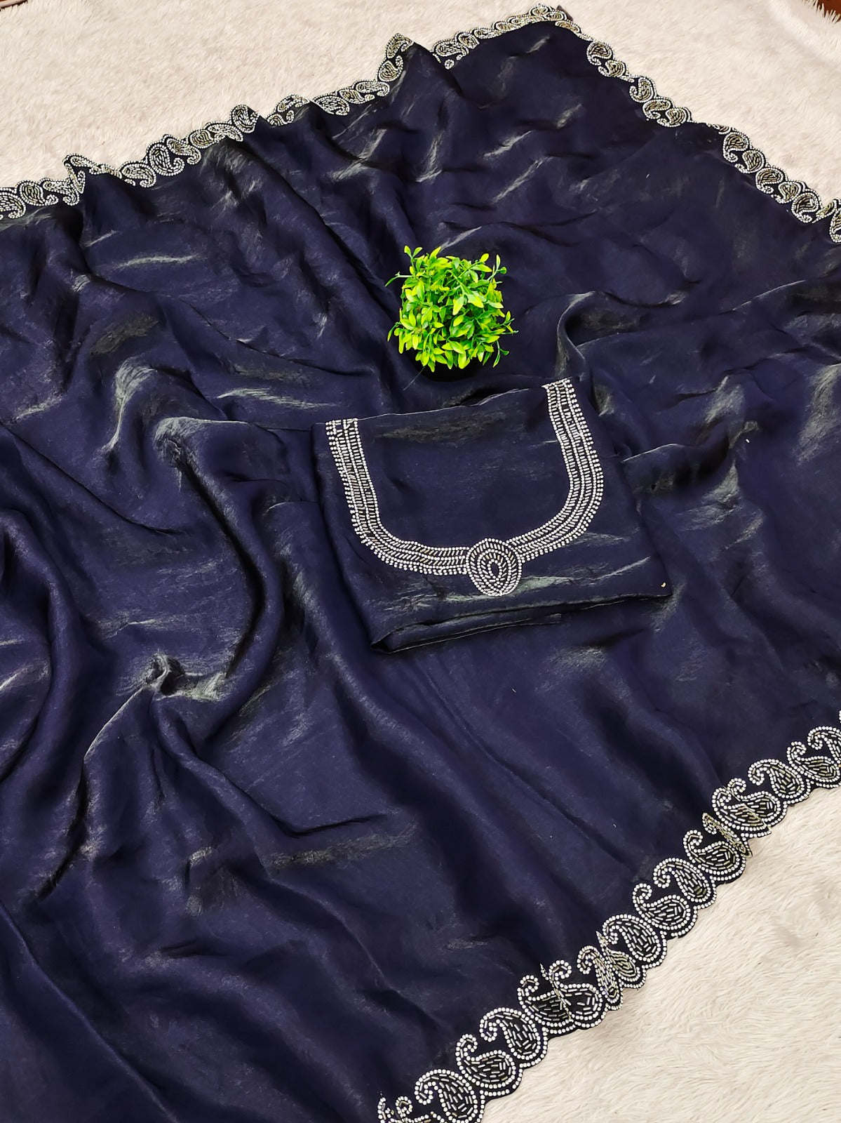 Midnight Blue Organza Silk Saree with Intricate Silver Zardosi Paisley Cutwork Border