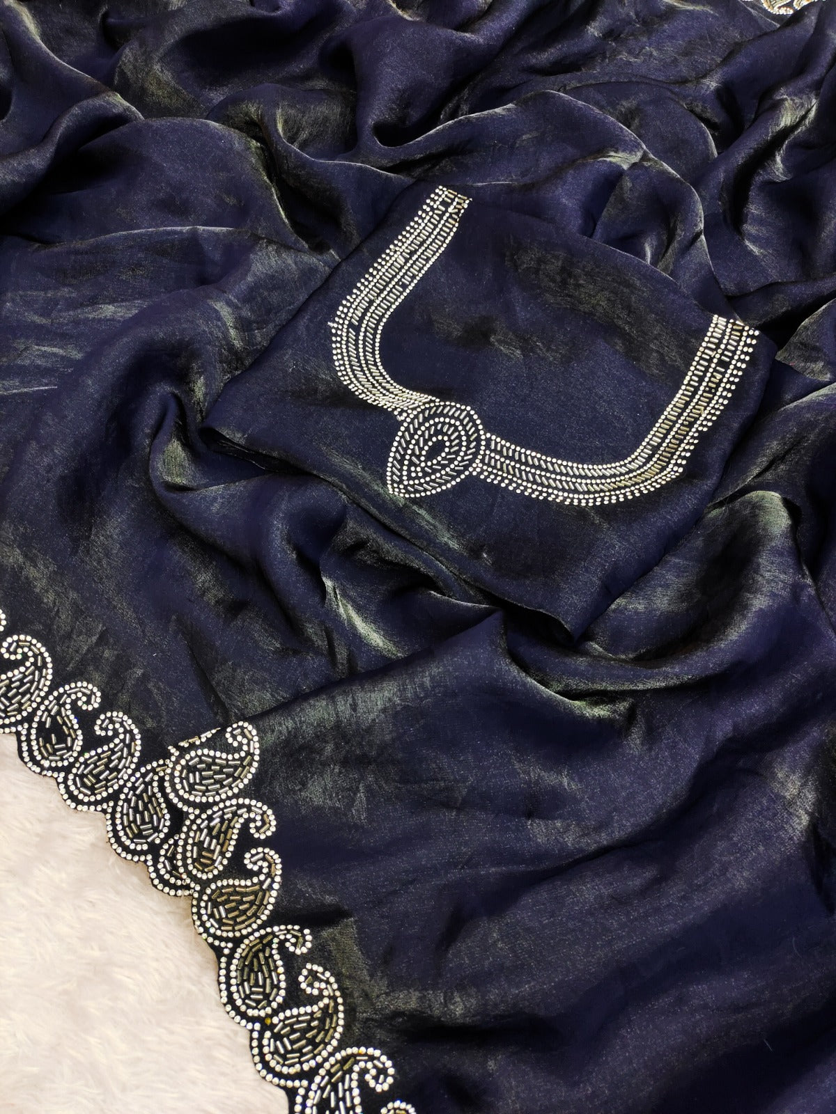 Midnight Blue Organza Silk Saree with Intricate Silver Zardosi Paisley Cutwork Border