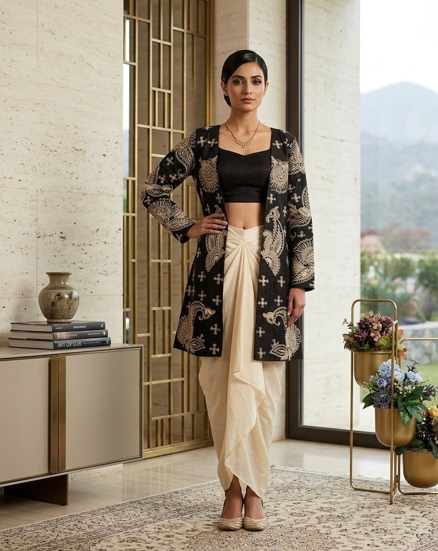 PERFECT FOR PARTY AND WEDDING OUR DESIGNER WEAR 3 PIECE KOTI-BLOUSE WITH SKIRT IN CORDING SEQUENCE EMBROIDERY ❤️