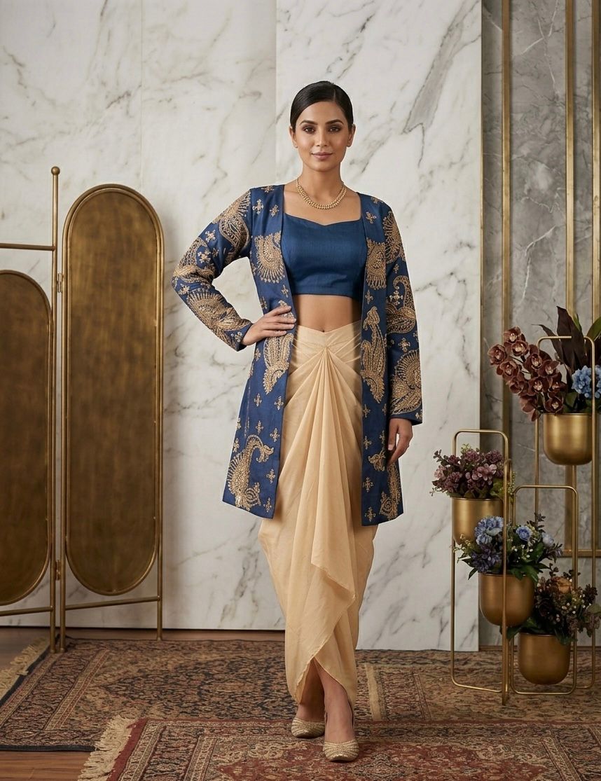 PERFECT FOR PARTY AND WEDDING OUR DESIGNER WEAR 3 PIECE KOTI-BLOUSE WITH SKIRT IN CORDING SEQUENCE EMBROIDERY ❤️