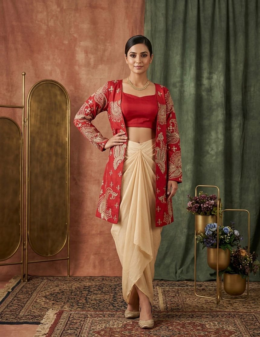 PERFECT FOR PARTY AND WEDDING OUR DESIGNER WEAR 3 PIECE KOTI-BLOUSE WITH SKIRT IN CORDING SEQUENCE EMBROIDERY ❤️