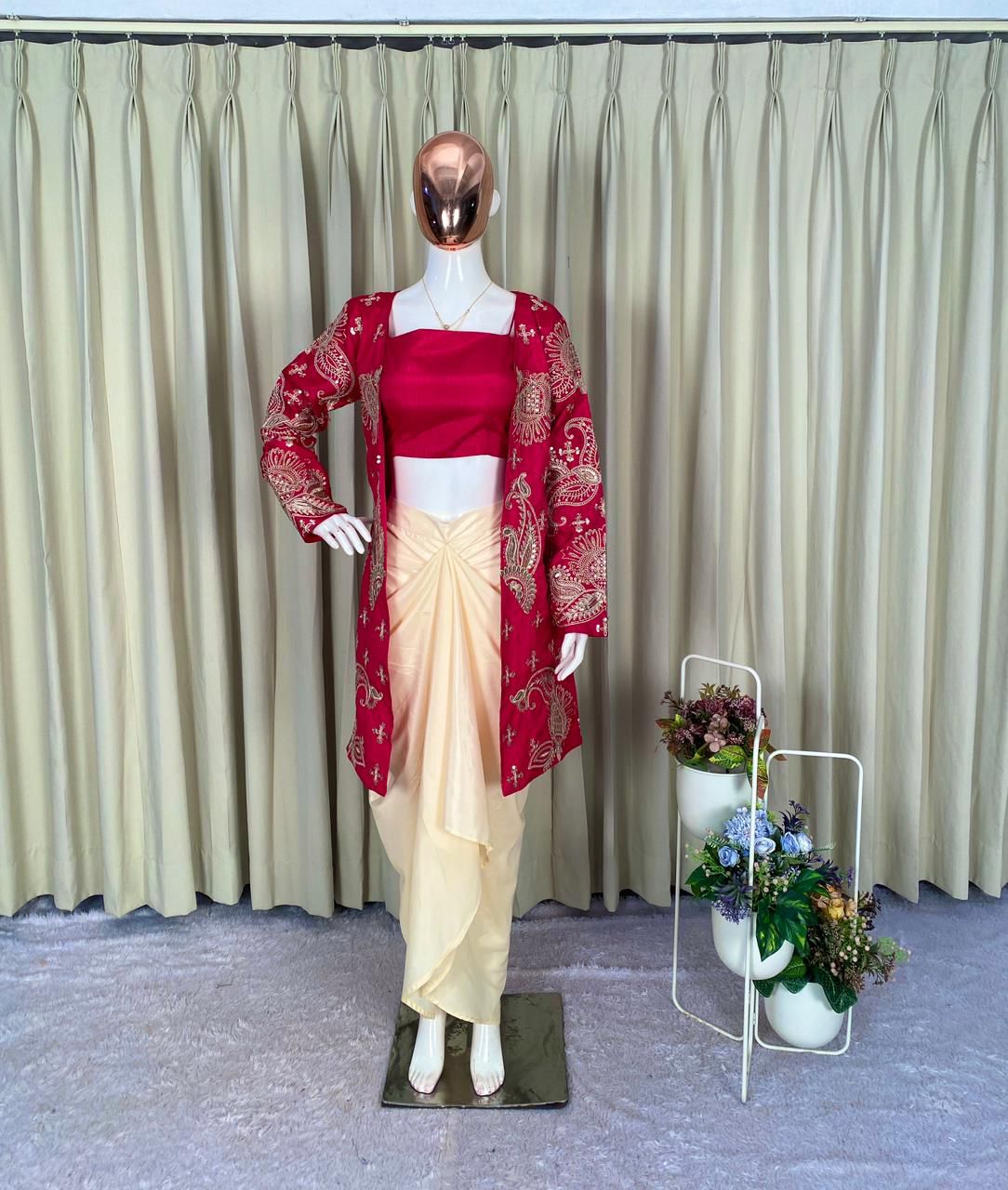 PERFECT FOR PARTY AND WEDDING OUR DESIGNER WEAR 3 PIECE KOTI-BLOUSE WITH SKIRT IN CORDING SEQUENCE EMBROIDERY ❤️