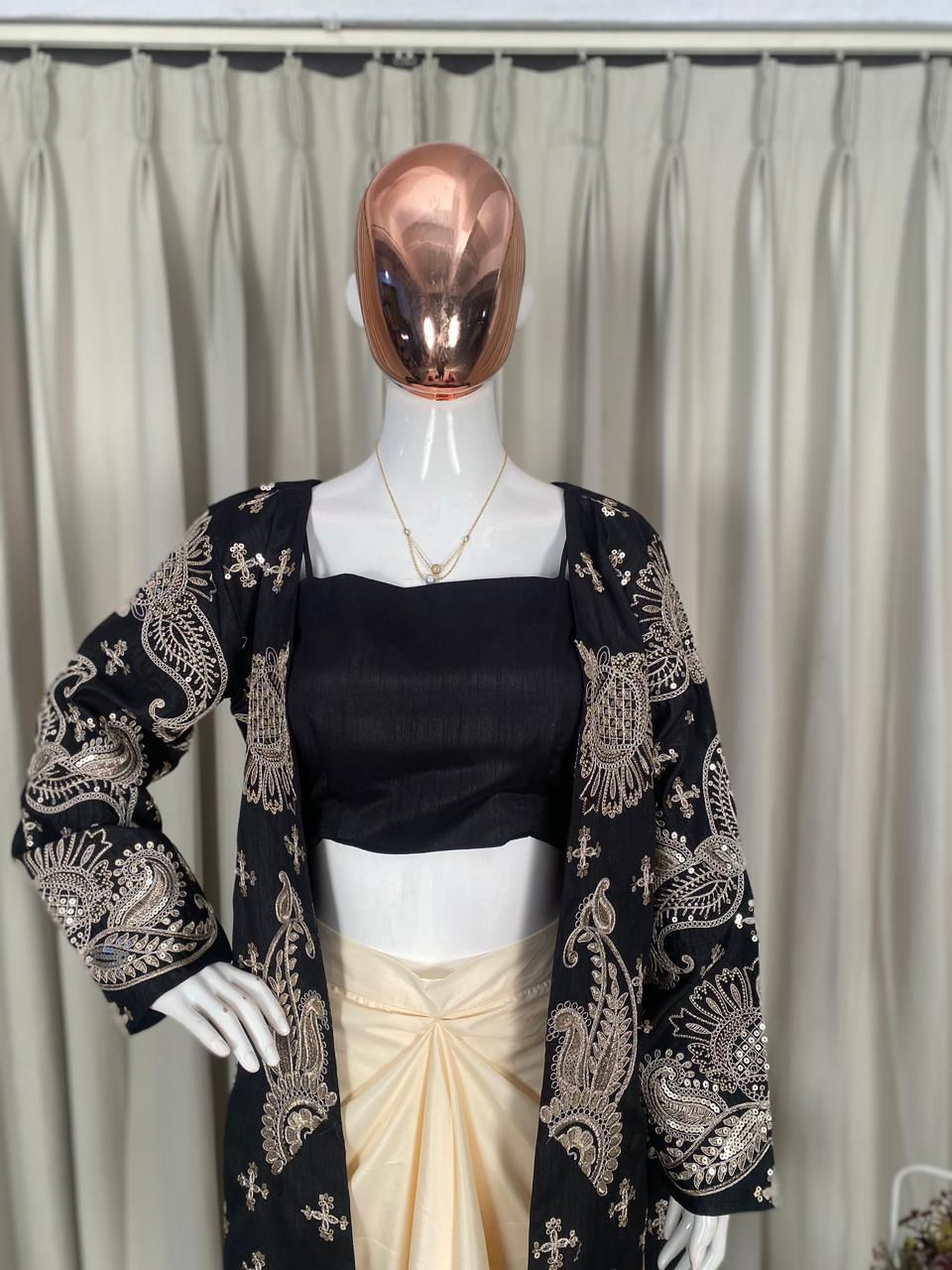 PERFECT FOR PARTY AND WEDDING OUR DESIGNER WEAR 3 PIECE KOTI-BLOUSE WITH SKIRT IN CORDING SEQUENCE EMBROIDERY ❤️