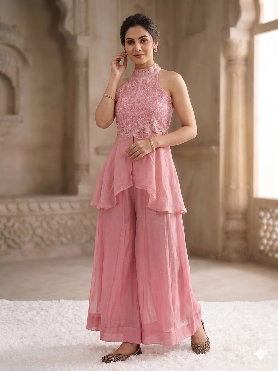 Pastel Pink Halter-Neck Peplum Top with Flared Palazzo Pants