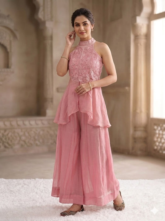 Pastel Pink Halter-Neck Peplum Top with Flared Palazzo Pants