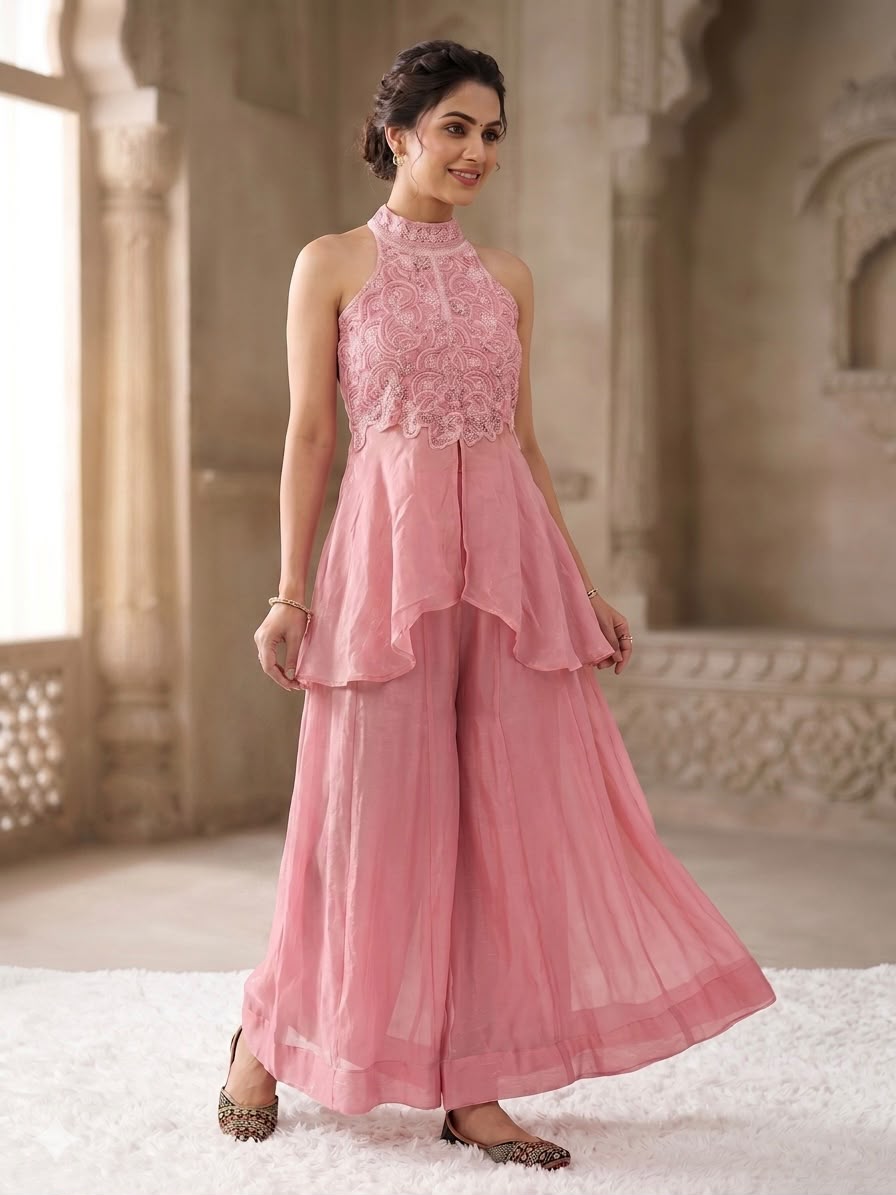 Pastel Pink Halter-Neck Peplum Top with Flared Palazzo Pants