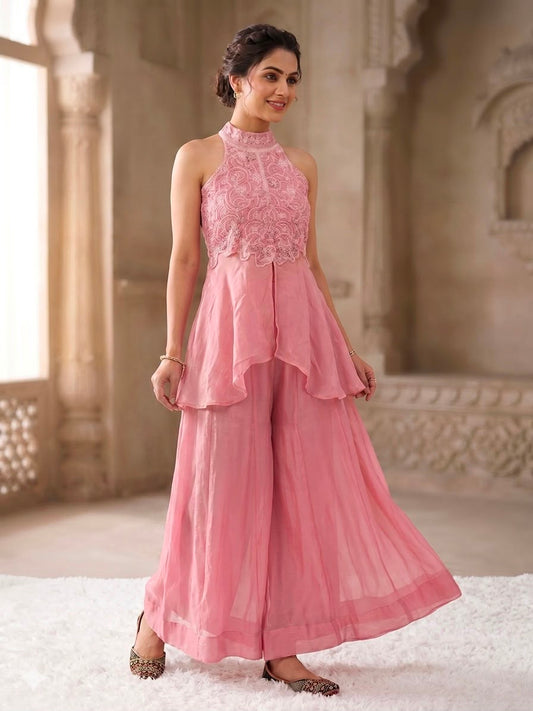 Pastel Pink Halter-Neck Peplum Top with Flared Palazzo Pants