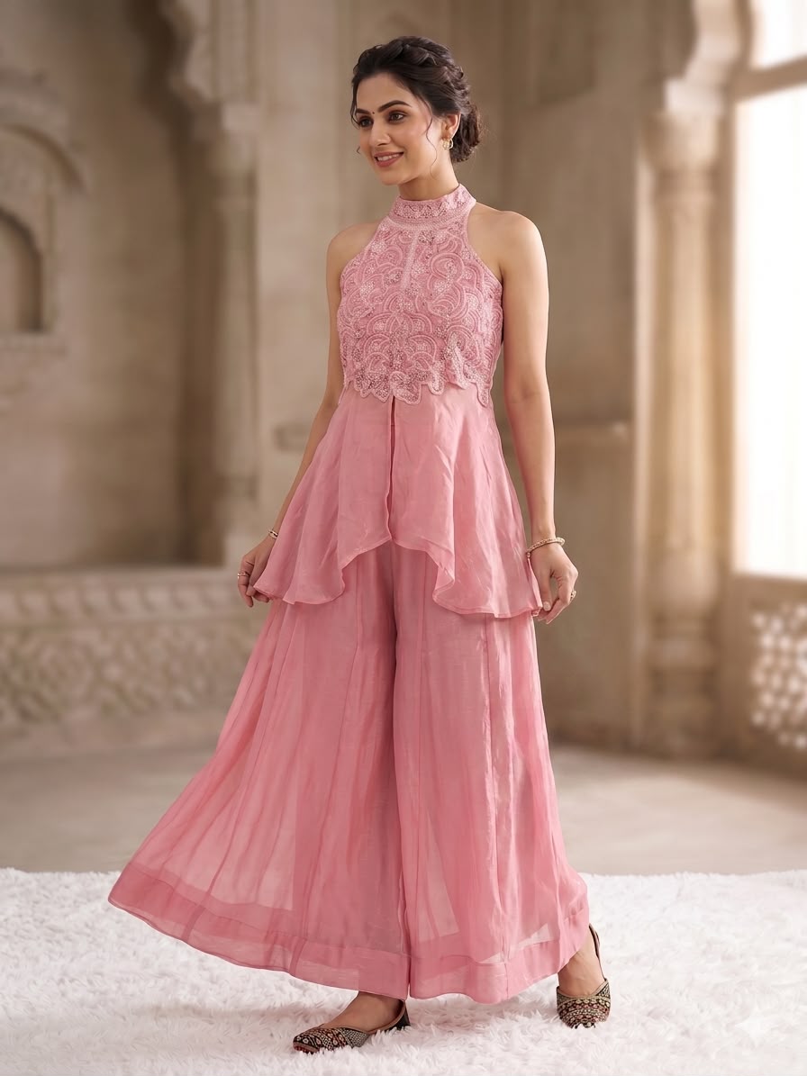 Pastel Pink Halter-Neck Peplum Top with Flared Palazzo Pants