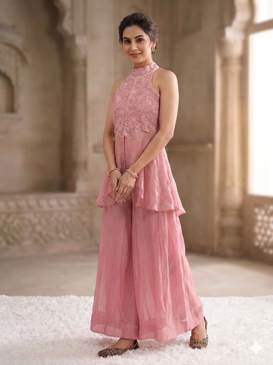 Pastel Pink Halter-Neck Peplum Top with Flared Palazzo Pants