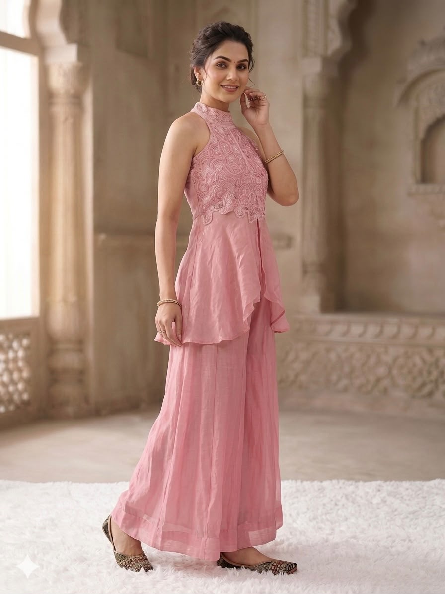 Pastel Pink Halter-Neck Peplum Top with Flared Palazzo Pants