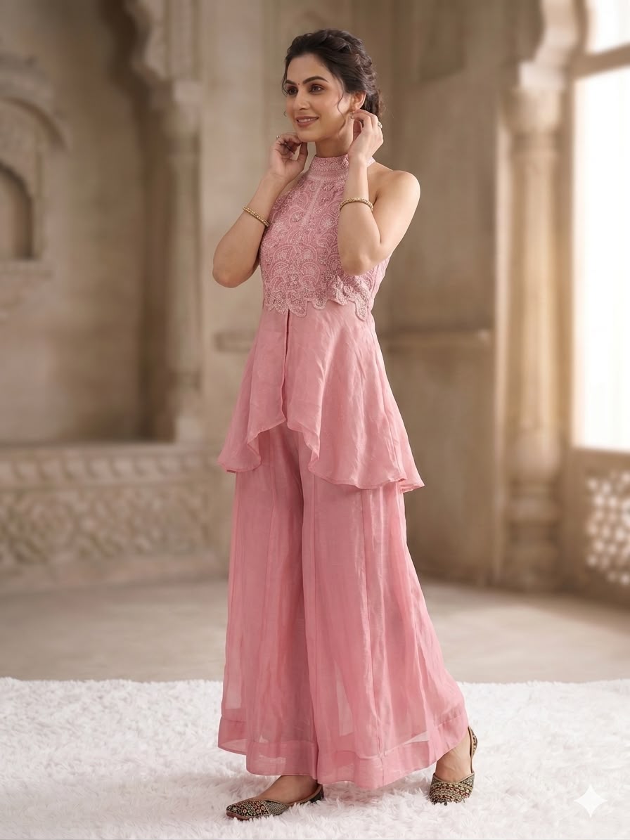 Pastel Pink Halter-Neck Peplum Top with Flared Palazzo Pants