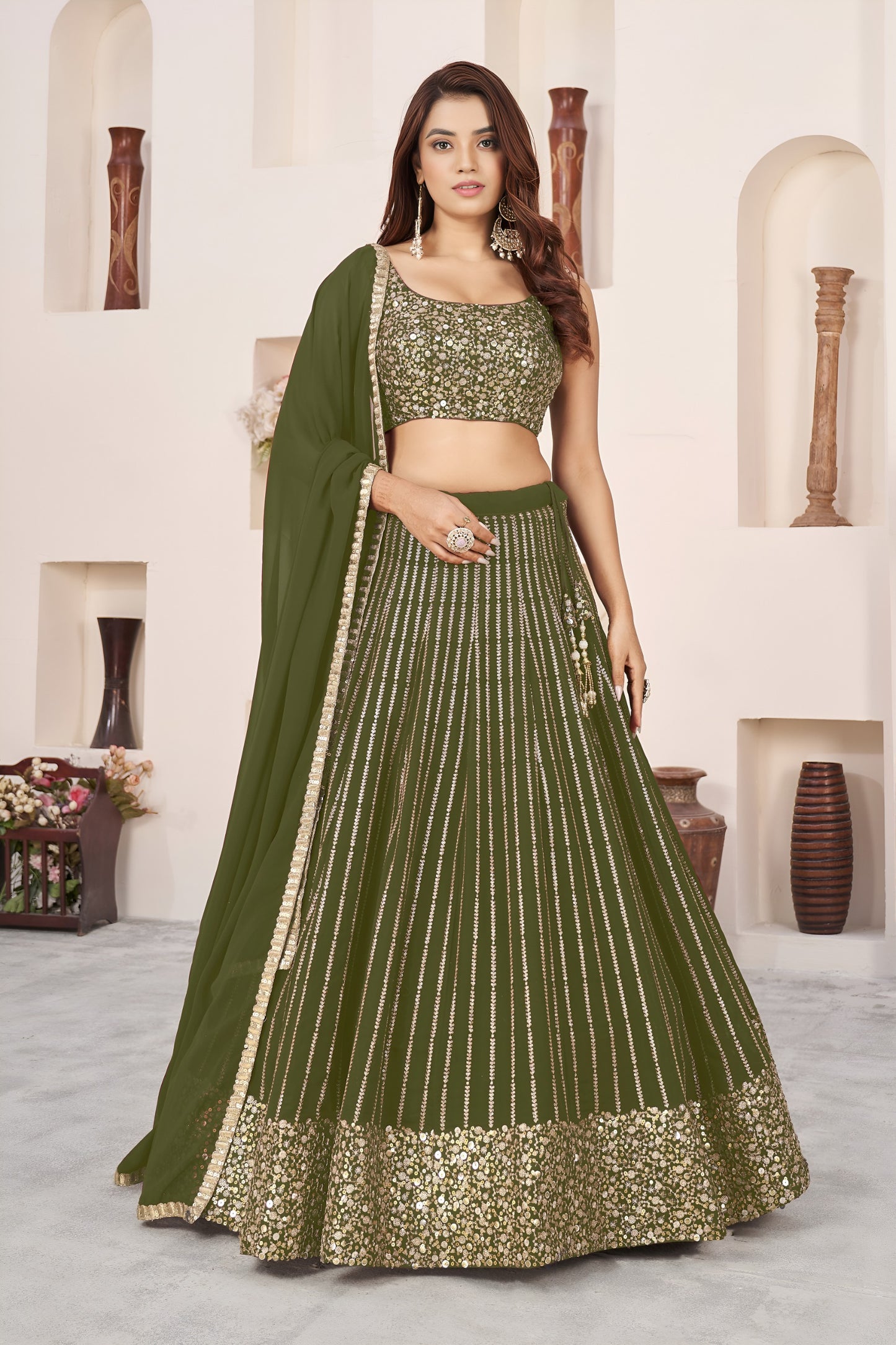 💙 Olive Green Sequins Lehenga Choli 💙