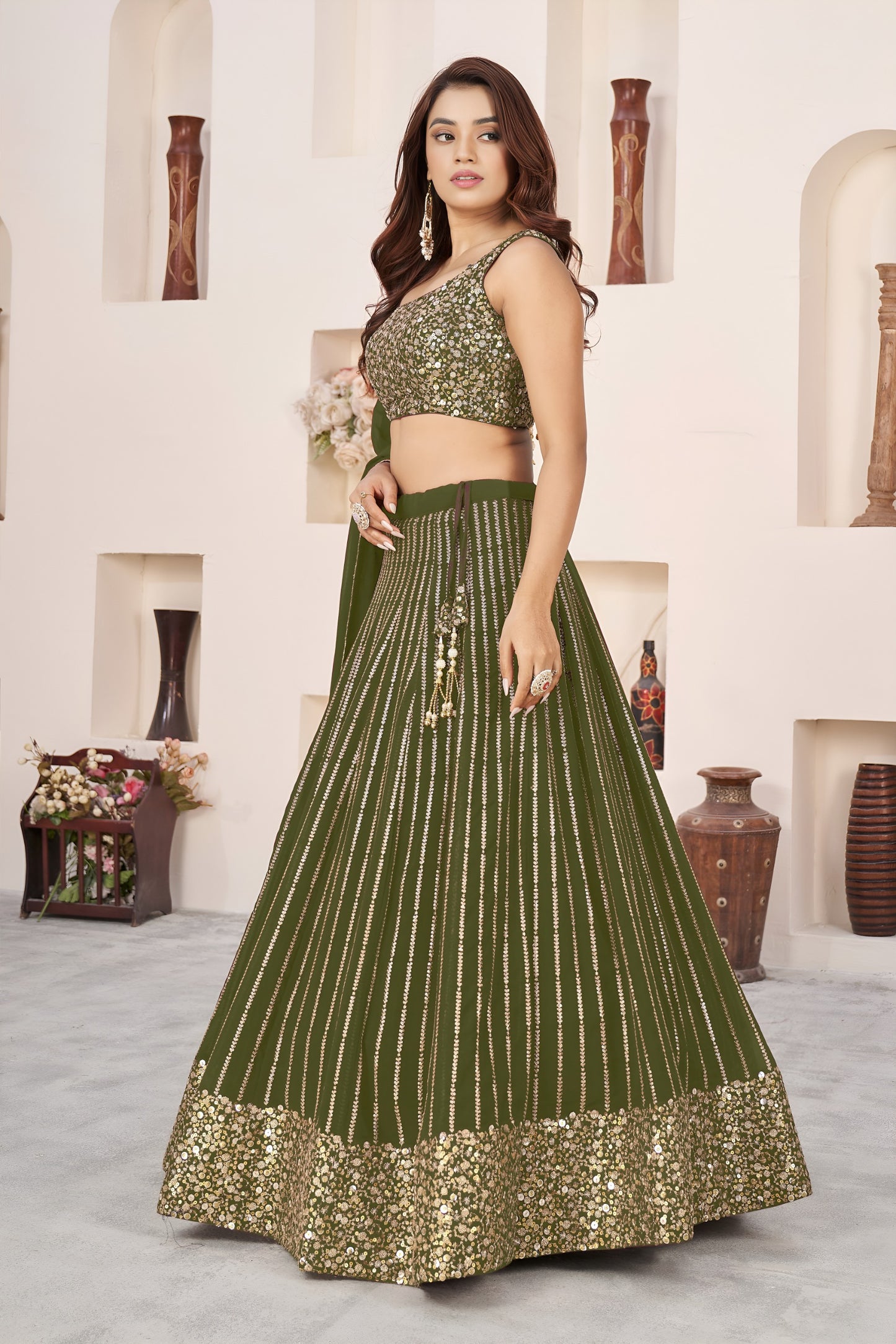 💙 Olive Green Sequins Lehenga Choli 💙