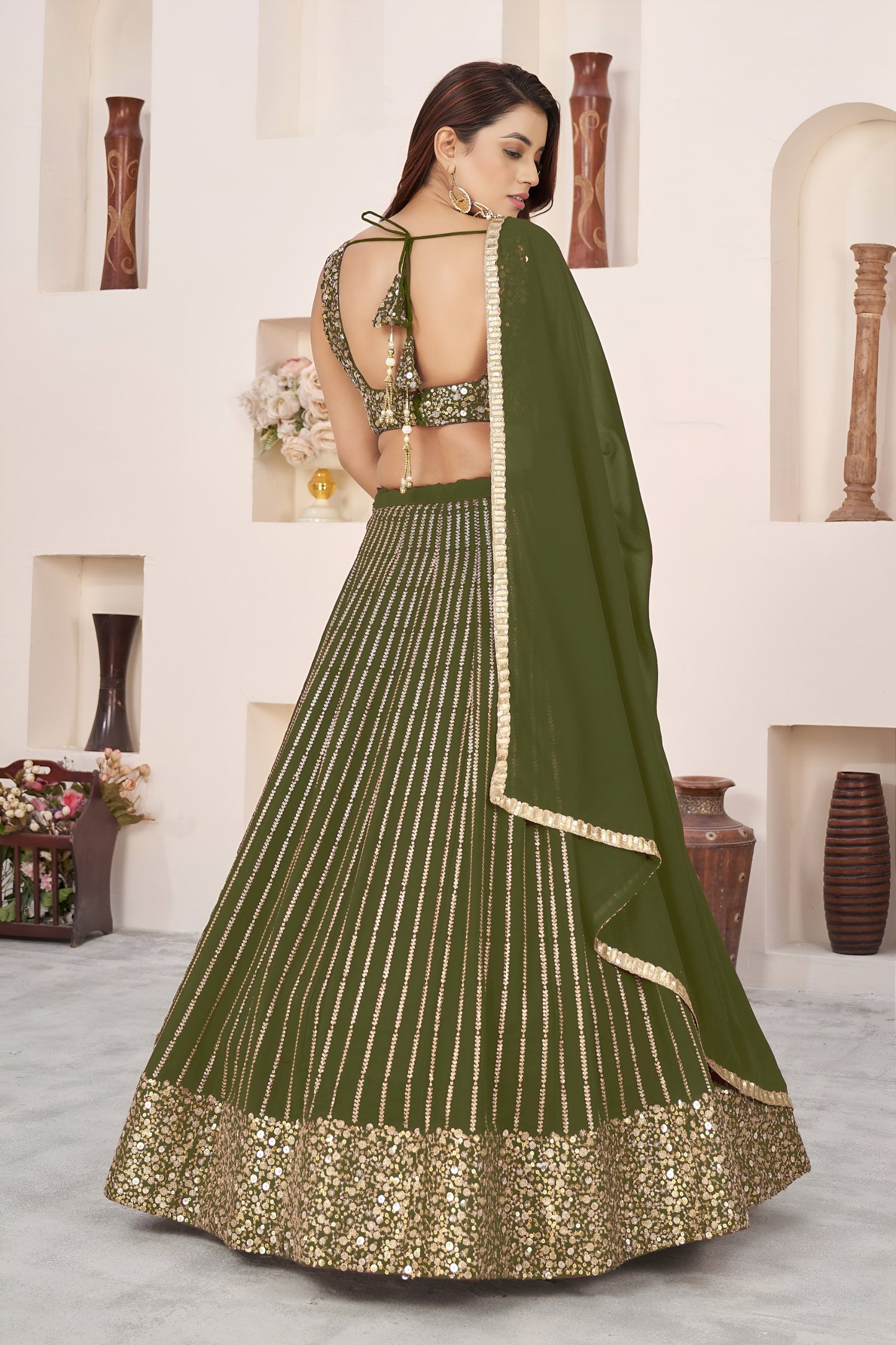 💙 Olive Green Sequins Lehenga Choli 💙
