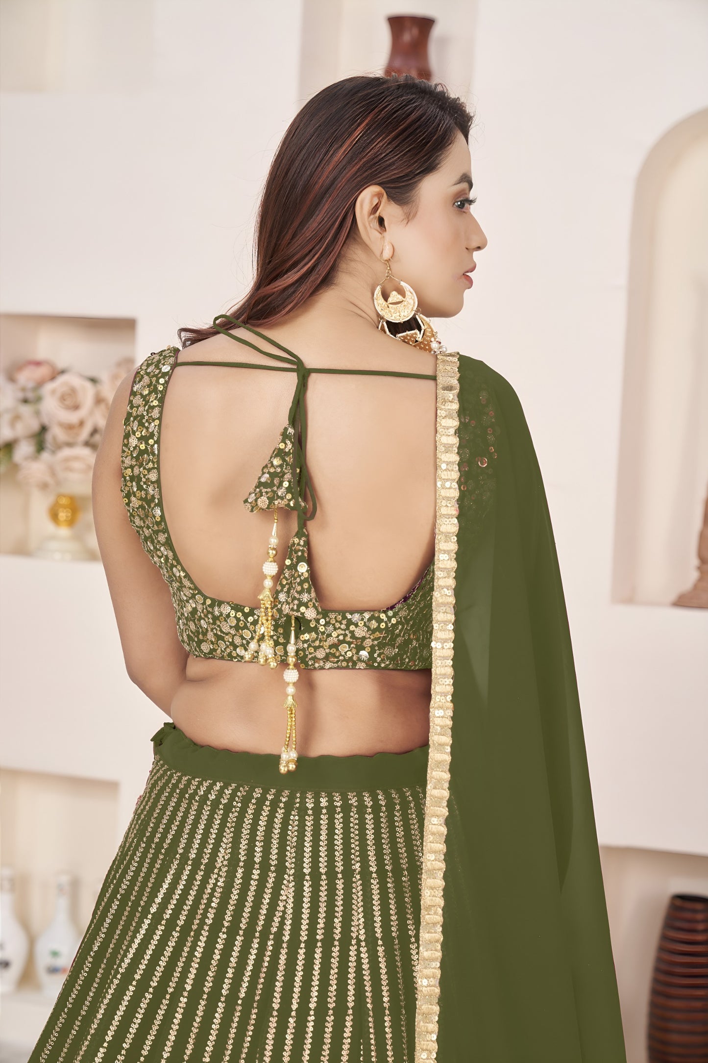 💙 Olive Green Sequins Lehenga Choli 💙